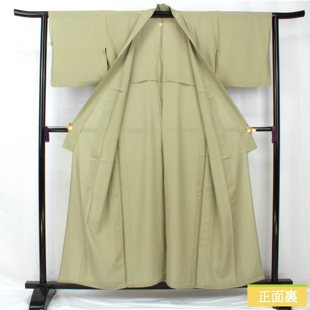 夏物 正絹 色無地 身丈156.5cm 裄丈62cm 黄鼠色(きねずいろ) 一つ紋 蔓柏 絽 Sランク 緑系 1132002062319