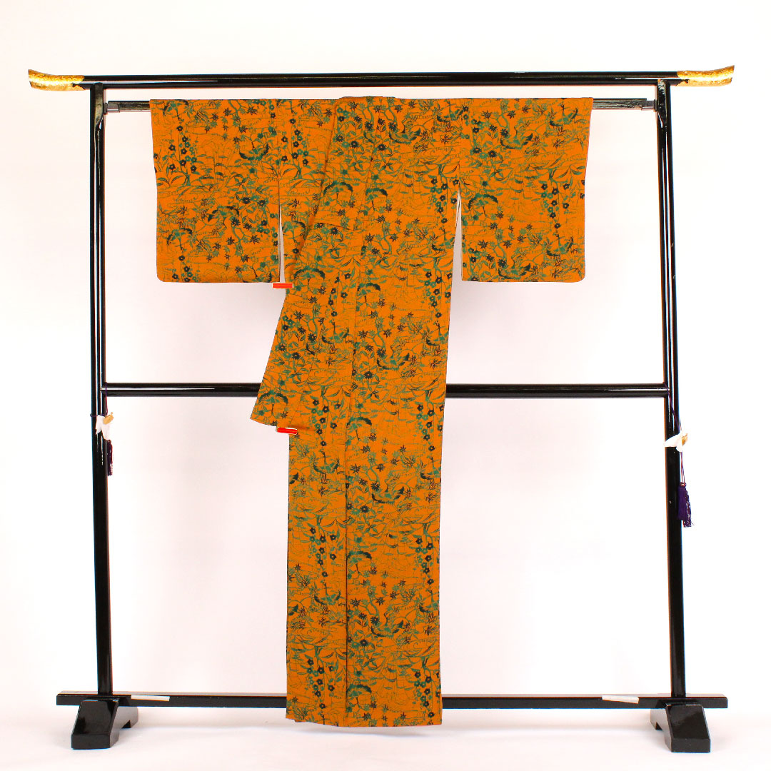 小紋 身丈161cm 裄丈63cm 袷 作家物 鶴に草花 型染 正絹 Aランク 茶系 1115000293314