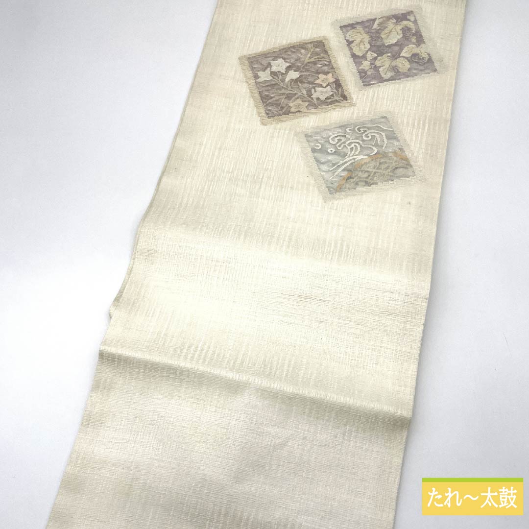 名古屋帯 正絹 胡粉色(ごふんいろ) すくい織 色紙 桔梗 夏帯 帯丈369cm Sランク ポイント柄 セミフォーマル 白系 1124006812311 名古屋仕立て