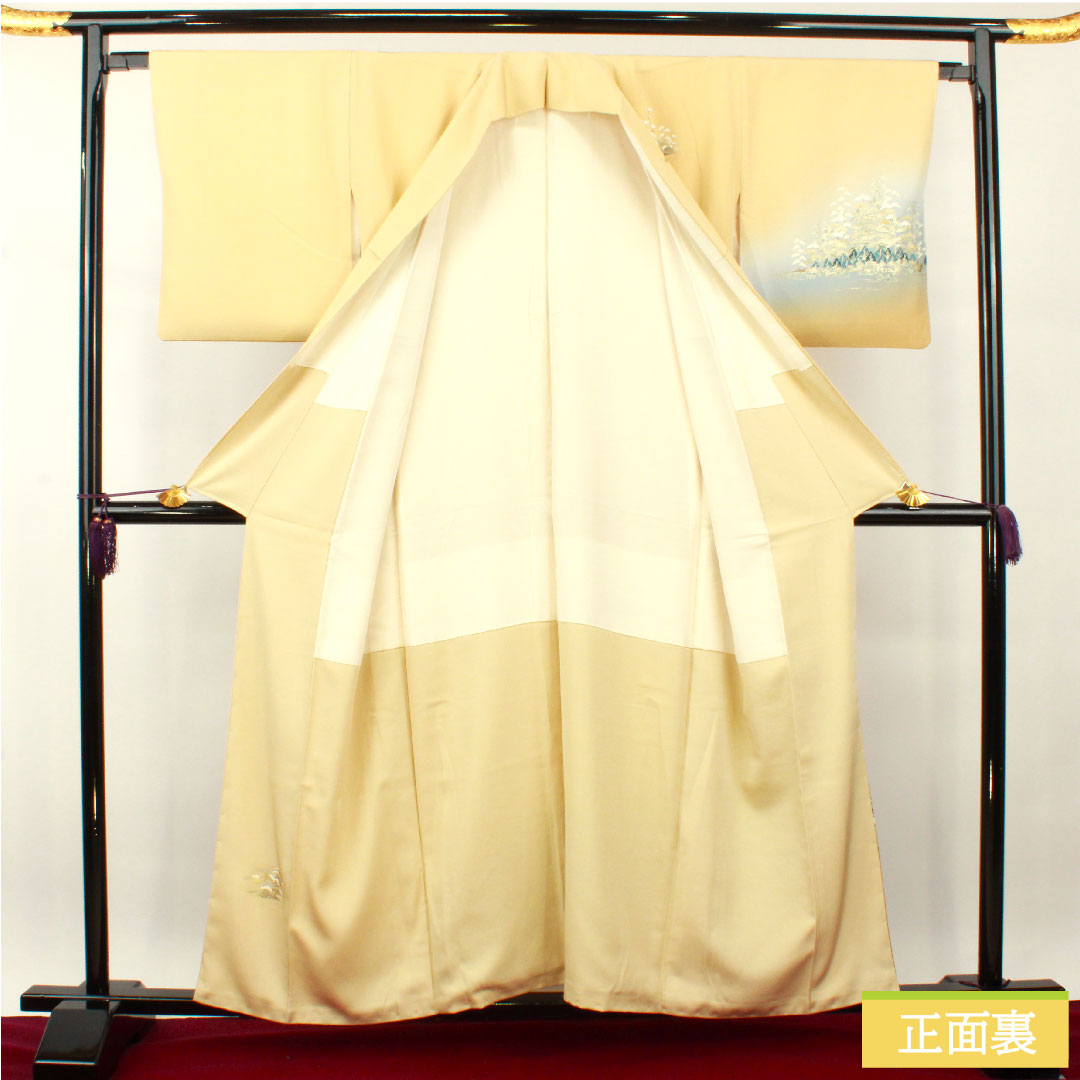 訪問着 正絹 袷 身丈158.5cm 裄丈64cm 東京白茶色 金彩加工 風景模様 Sランク ベージュ系 1112003662325