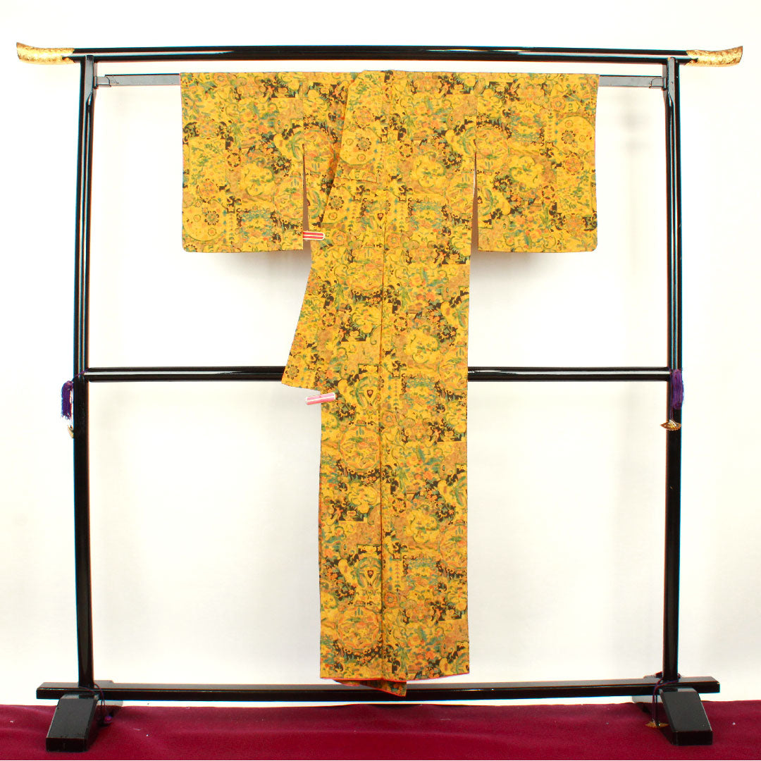 小紋 身丈151cm 裄丈57cm 袷 黄土色 更紗模様 正絹 Sランク 黄系 1115002442223