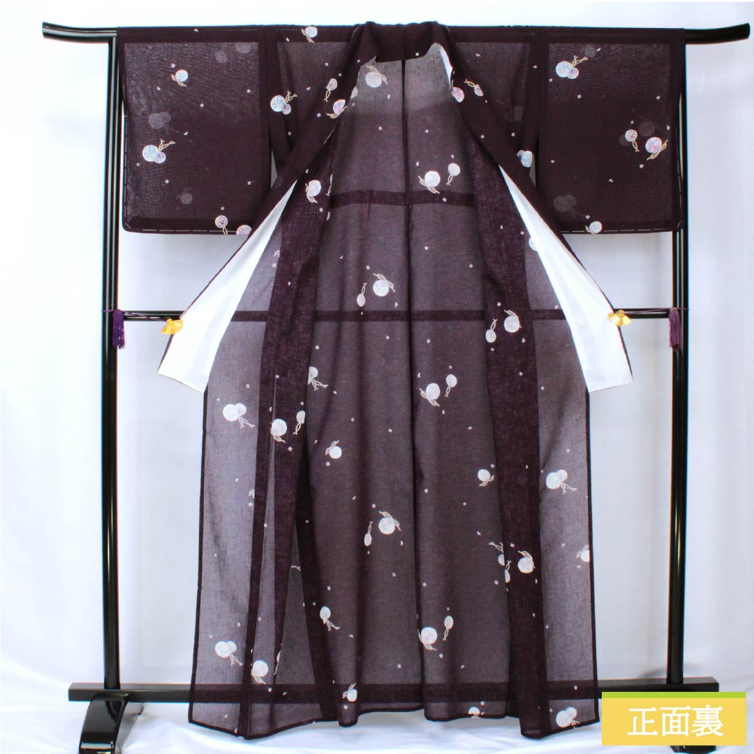 夏物 ポリエステル 小紋 身丈162cm 裄丈66cm 紫黒色(しこくしょく) 小花 鈴 洗える着物 紗 Sランク 紫系 1132002332420
