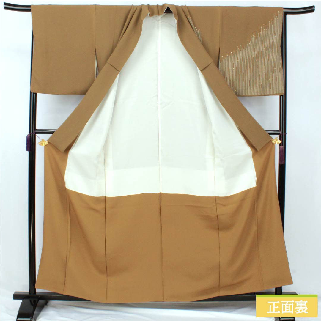 訪問着 正絹 Bランク 袷 身丈158.5cm 裄丈66cm 桑染色(くわぞめいろ) 一つ紋 三ツ松 熨斗 梅 菊 茶系 1112007324314