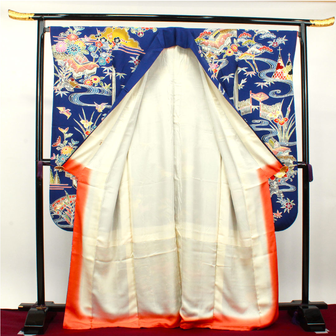 振袖 身丈167.5cm 裄丈68cm 袷 瑠璃色 京紅型 吉祥文様 正絹 Aランク 紺系 1113001773518