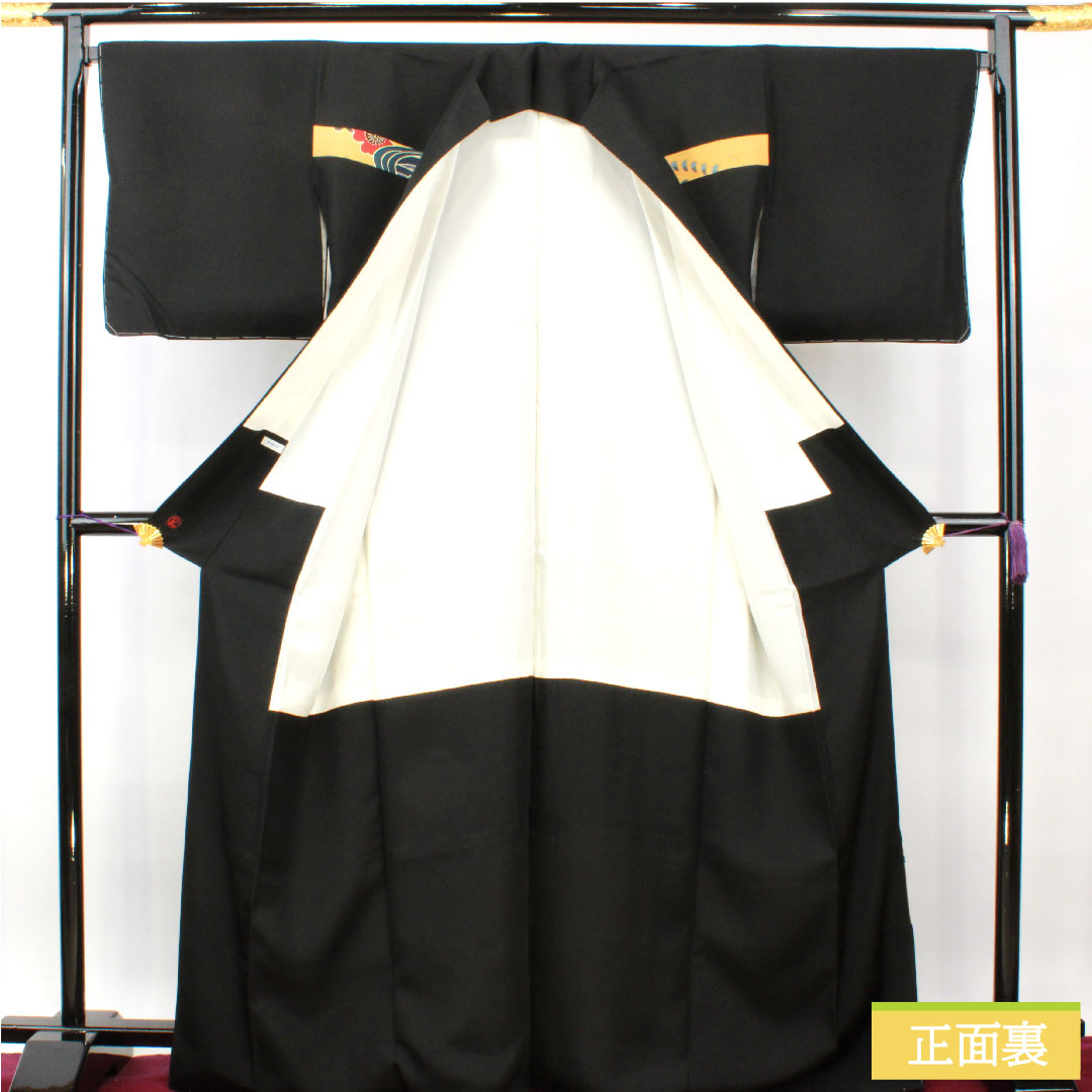 Homongi, pure silk, lined, length 169.5cm, sleeve length 69cm, inlay, Kyoto Bingata, one crest, S rank, black, 1112004192510