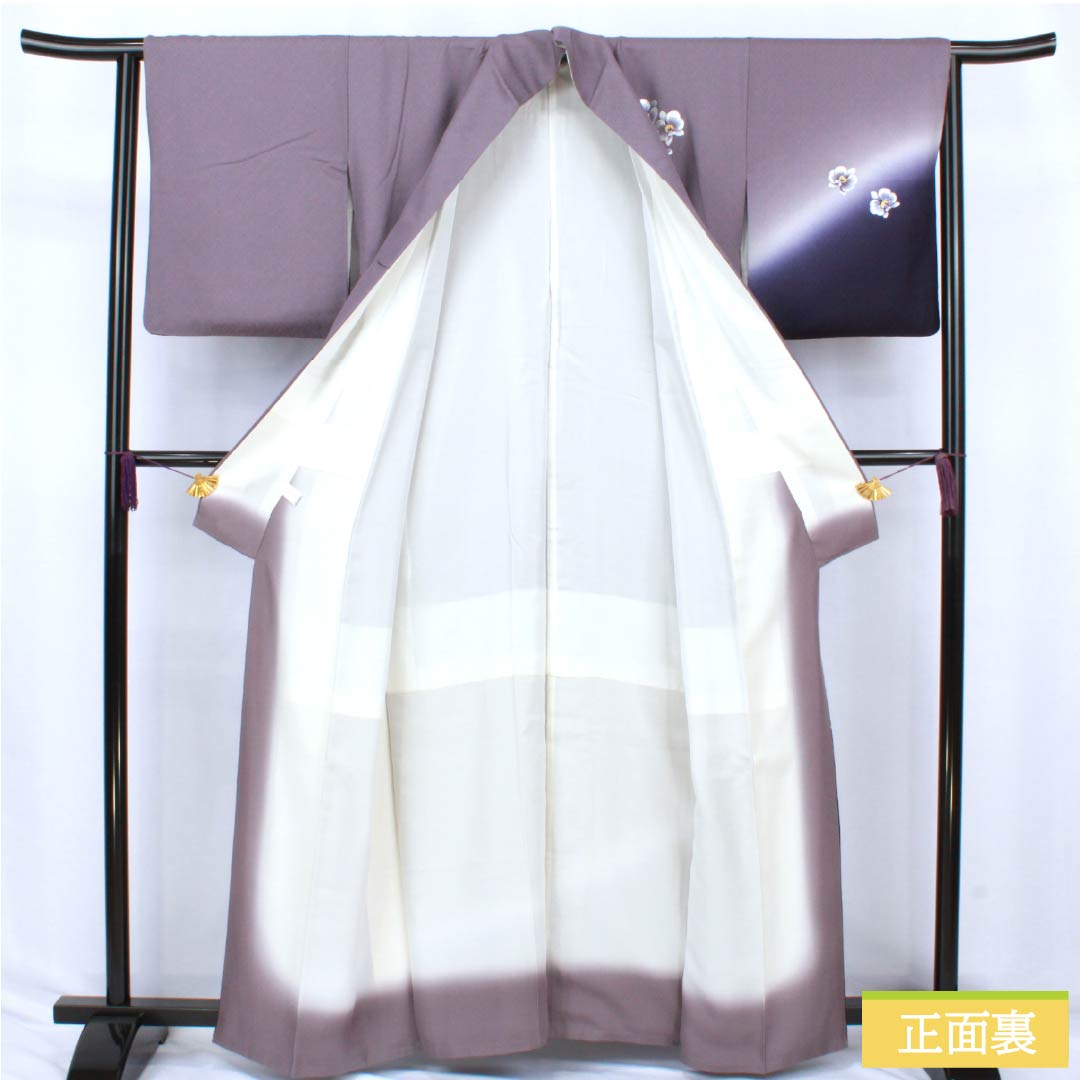 Visiting Kimono, Pure Silk, S-Rank, Lined, Length 161cm, Sleeve Length 63cm, Hatobairo (Dove Feather Color), Tsukesage, Gold-Leafed Flowers, Hajikku Guard, Purple, Product Number: 1112006762420