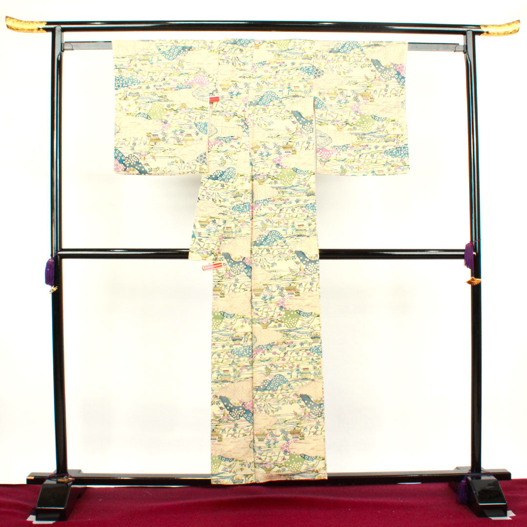 小紋 身丈154.5cm 裄丈61.5cm 袷 砥粉色 紅型 風景模様 正絹 Aランク クリーム系 1115003083215