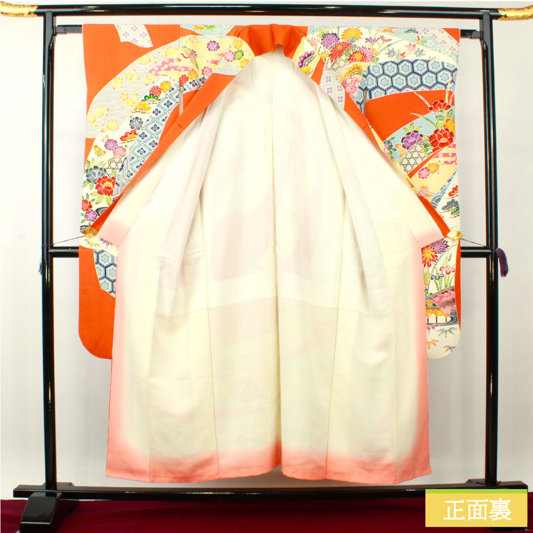 振袖 正絹 身丈151cm 裄丈62cm 袷 黄丹色 京紅型 吉祥文様 Aランク 橙系 1113001913226