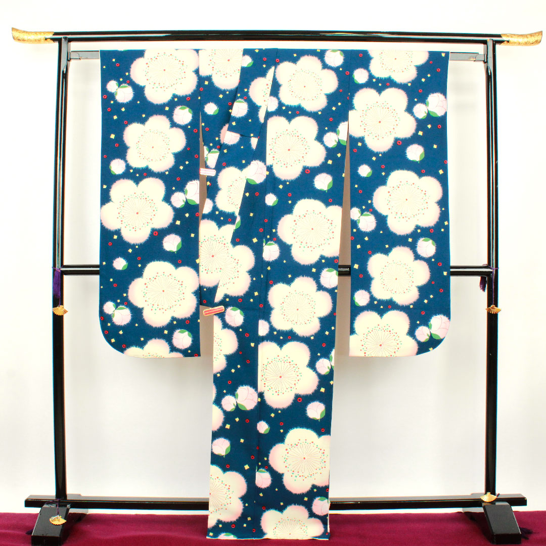 振袖 身丈170cm 裄丈67cm 袷 濃藍色 洗える着物 桜 ポリ Sランク 紺系 1113000992618