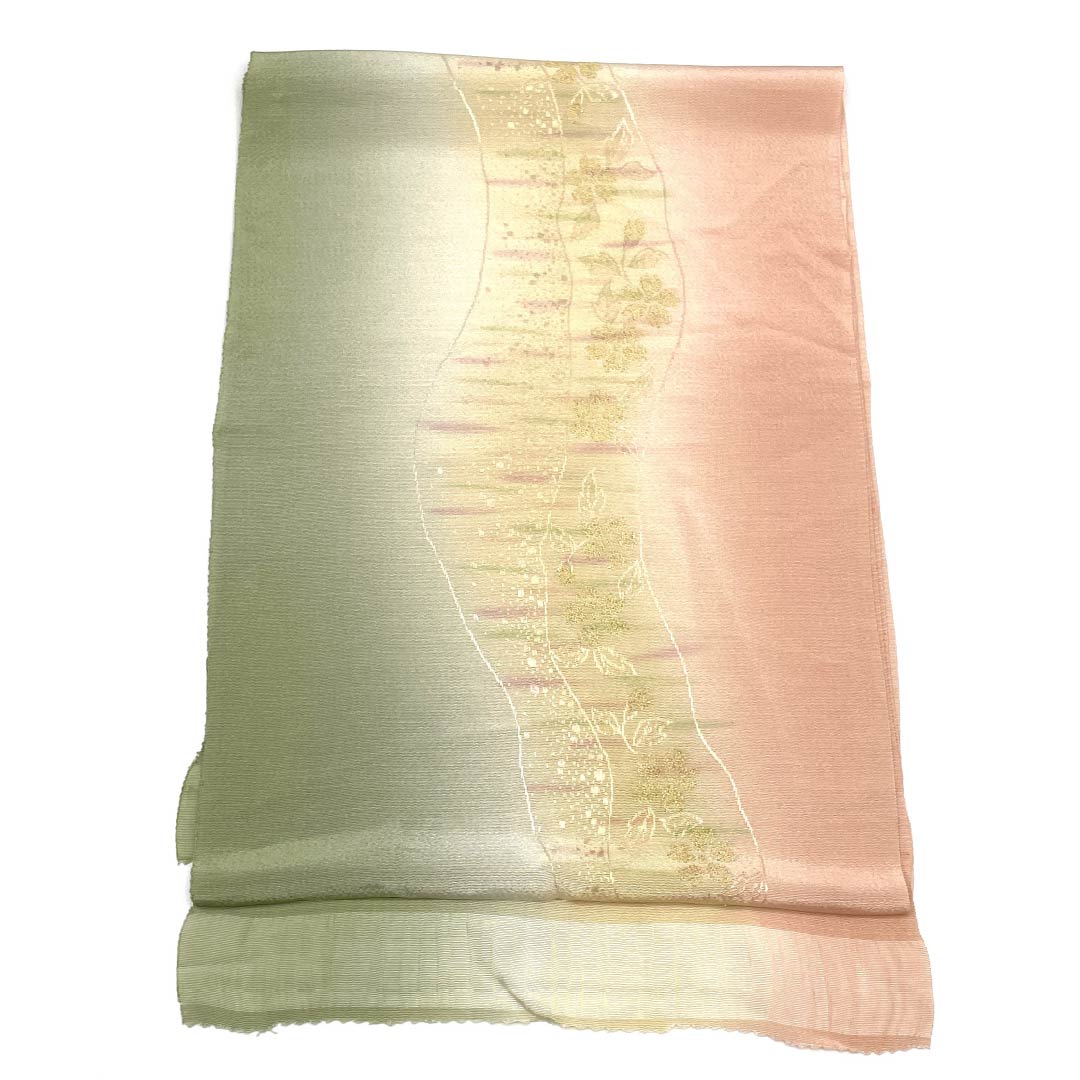 帯揚げ ちりめん セミフォーマル 東雲色(しののめいろ) 利休茶色(りきゅうちゃいろ) 桜 花柄 長さ約176cm 幅約31cm Sランク 緑系 1136000332919