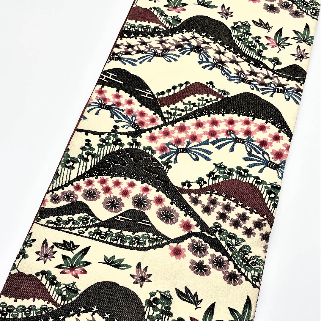 袋帯 生成り色(きなりいろ) 遠山 桜 紅葉 帯丈452cm 正絹 Aランク 全通 カジュアル クリーム系 1123005373415