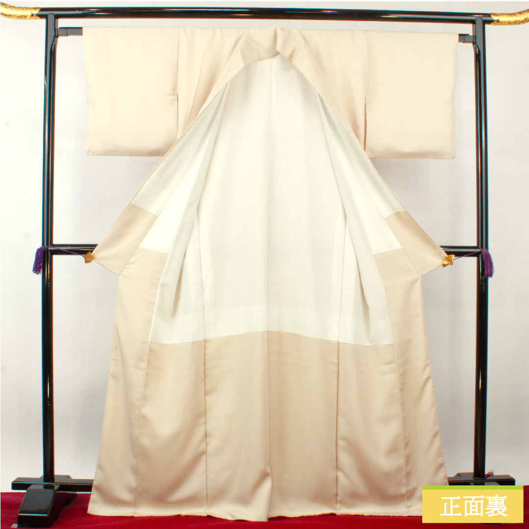 Plain color, polyester, length 170.5cm, sleeve length 65cm, off-white (kinari-iro), washable kimono, one crest, Gosan-kiri, lined, A rank, beige, 1114001263625