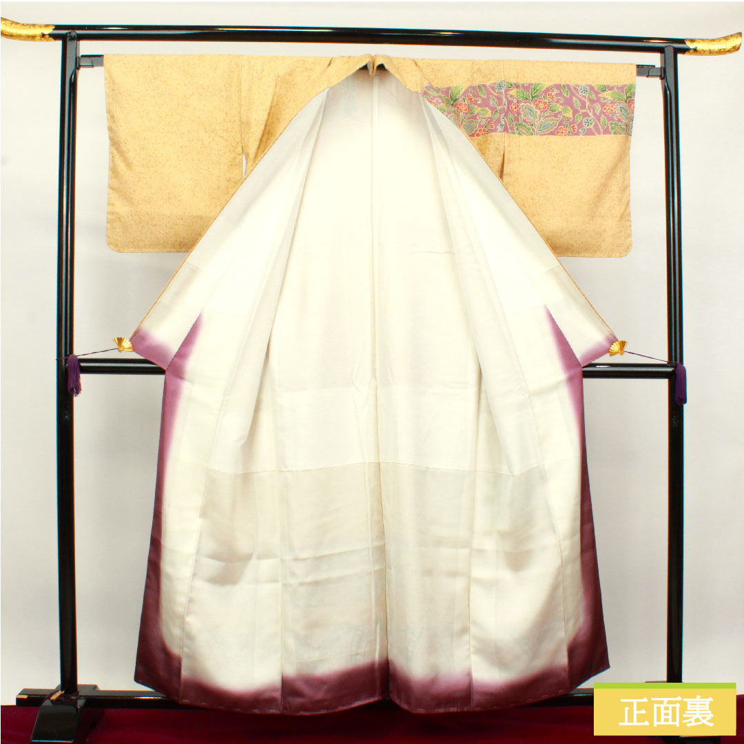 訪問着 正絹 袷 身丈158cm 裄丈65cm 胡桃色 紬地 更紗模様 しつけ糸付き Sランク 黄系 1112003322323