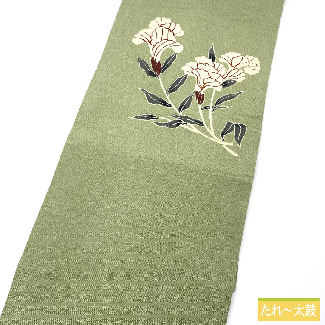 名古屋帯 正絹 Aランク 浅藍色(あさきあいいろ) 型染 ちりめん地 花模様 帯丈358cm ポイント柄 カジュアル 緑系 1124009103319 名古屋仕立て