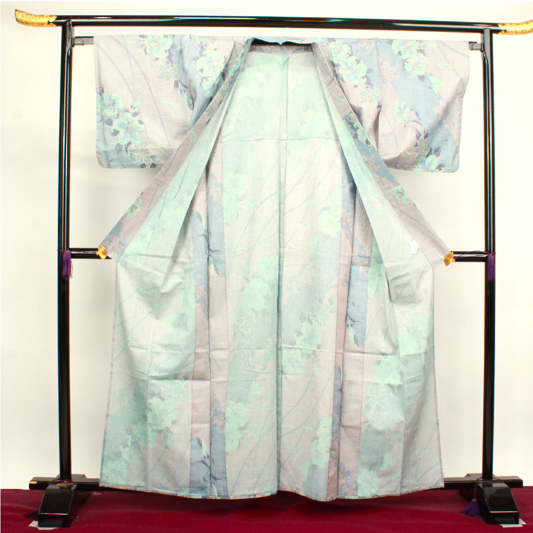 浴衣 鈍紫色 カサブランカ 銀通し 木綿 Sランク 単衣 身丈162cm 裄丈65.5cm グレー系 1118003822422