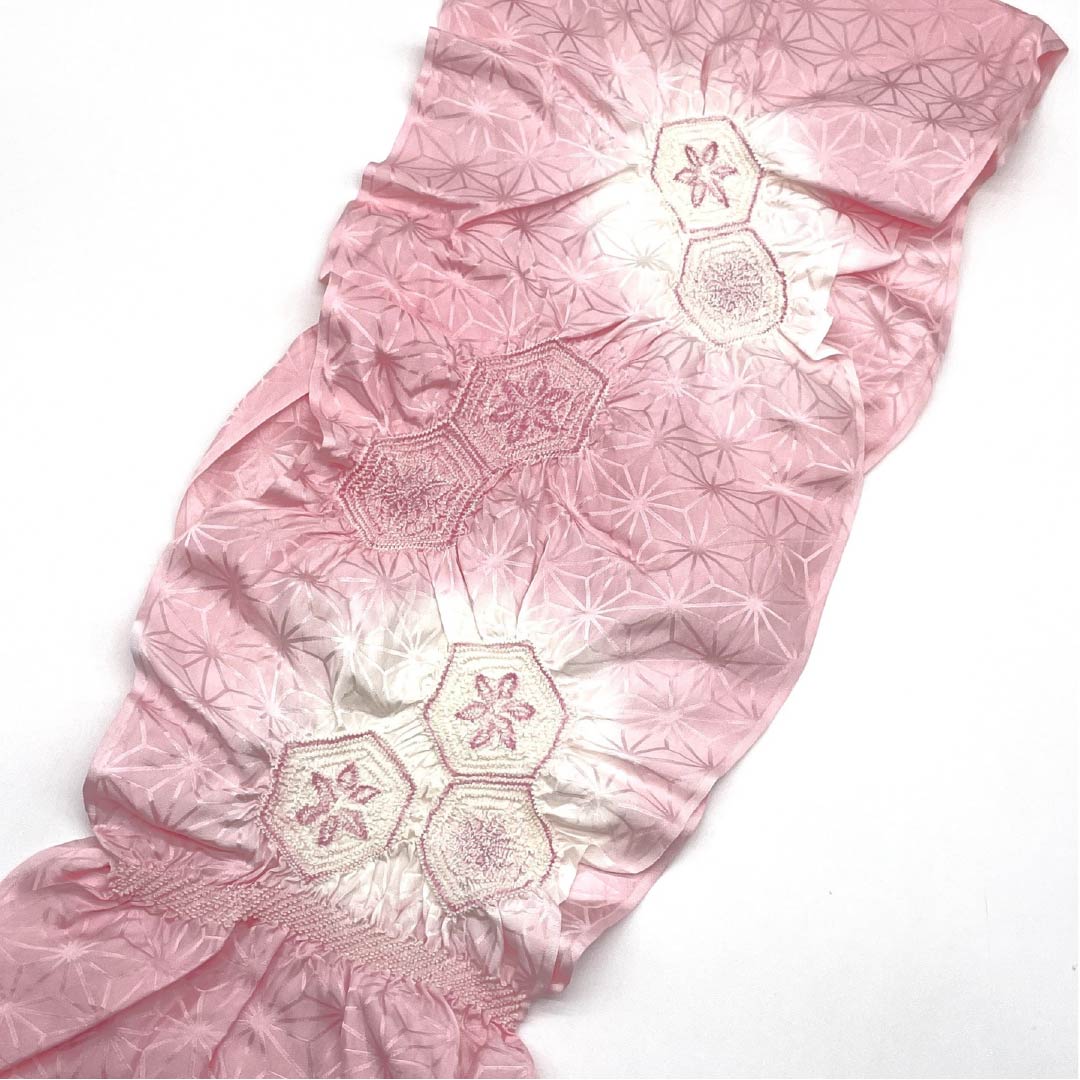 Semi-formal obiage (sash sash), pure silk, grade A, pale pink, shibori (dyed) with hemp leaf pattern, two-tone, approximately 140cm long, 26.5cm wide, pink, 1136000923913