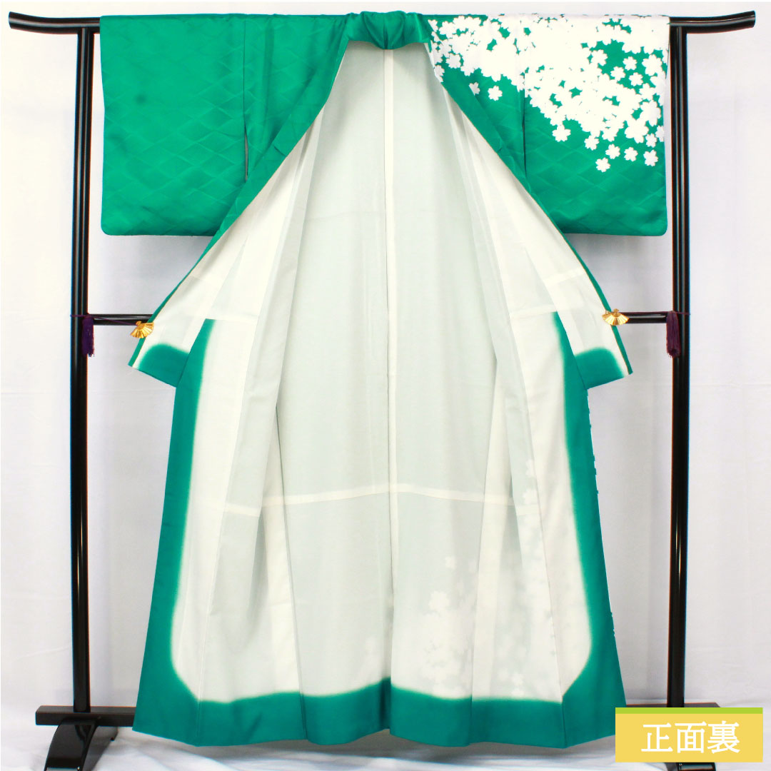 訪問着 ポリエステル 袷 身丈159cm 裄丈62cm 孔雀緑色(くじゃくりょくいろ) 洗える着物 桜 Sランク 緑系 1112005372319