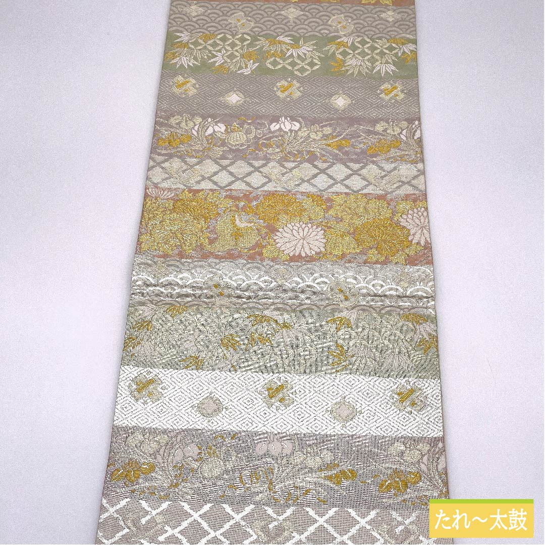 Fukuro Obi, pure silk, silver, horizontal stripes, Seigaiha, Shippo, horizontal stripes, obi length 438cm, S rank, six-pass, formal, silver, 1123011882322