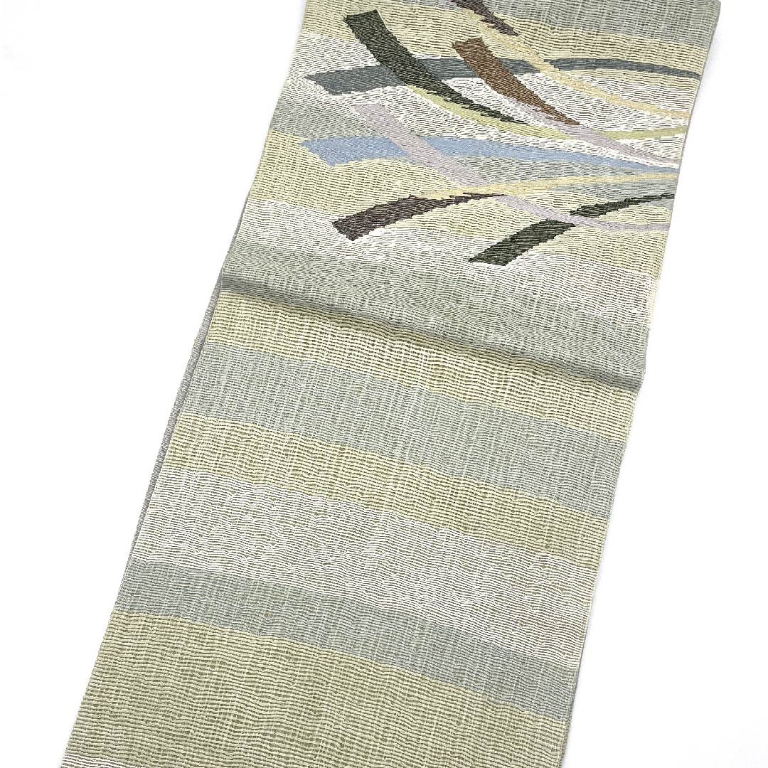 袋帯 青磁色(せいじいろ) 夏帯 横段 抽象模様 帯丈440cm 正絹 Aランク ポイント柄 カジュアル グラデーション系 1123007383399