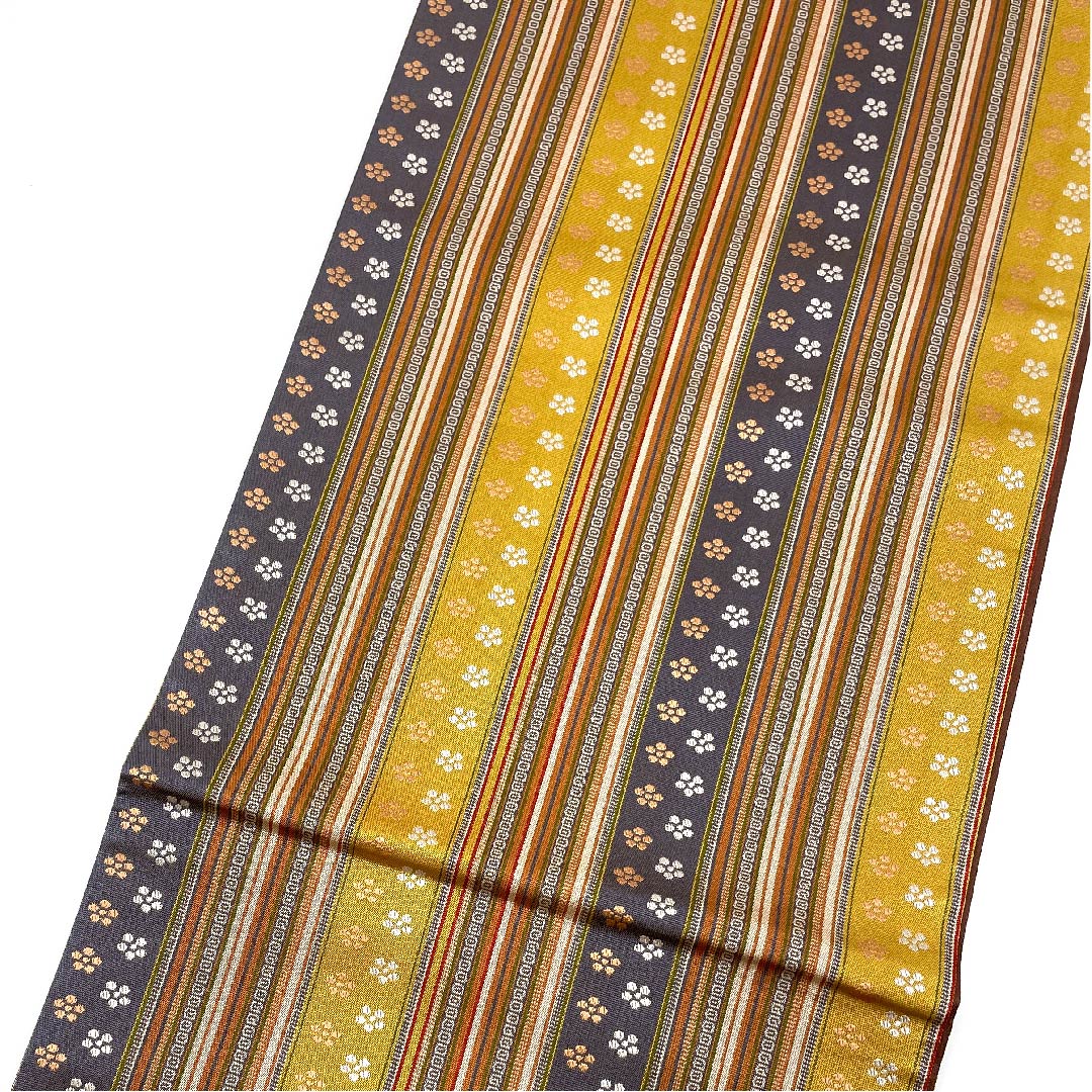 袋帯 縞 花模様 帯丈442cm 正絹 Aランク 全通 カジュアル グラデーション系 1123005973399