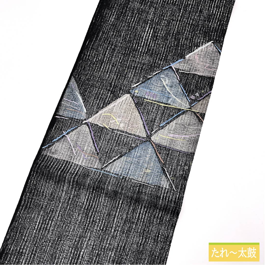 袋帯 正絹 幾何学模様 夏帯 すくい織 櫛織り 帯丈440cm Sランク ポイント柄 カジュアル 黒系 1123014632310