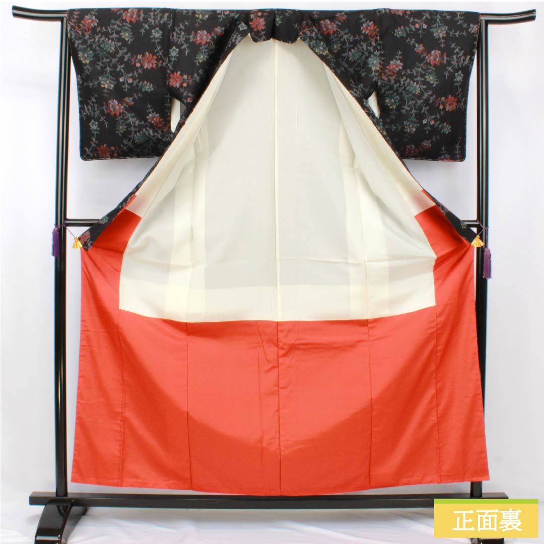 紬 正絹 Sランク 身丈160cm 裄丈64cm 村山大島 草花 しつけ糸付き 袷 黒系 1116004322410