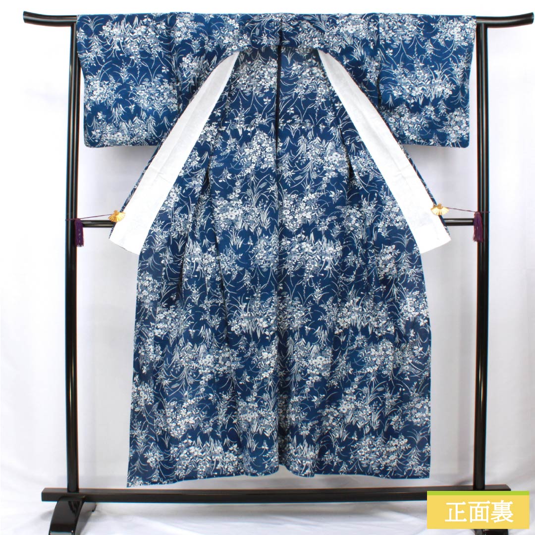 浴衣 木綿 身丈149cm 裄丈63.5cm Sランク 絽 紺系 紺桔梗色(こんききょういろ) 綿絽 総花 1118006352118
