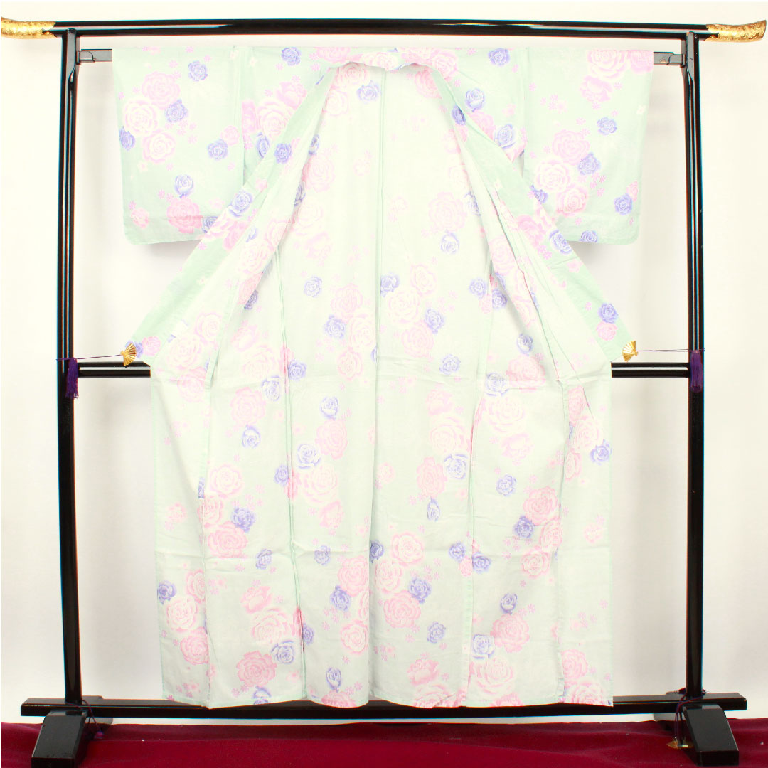 浴衣 藍白色 薔薇 桜 蝶 木綿 Aランク 単衣 身丈158.5cm 裄丈63.5cm 青系 1118001113317