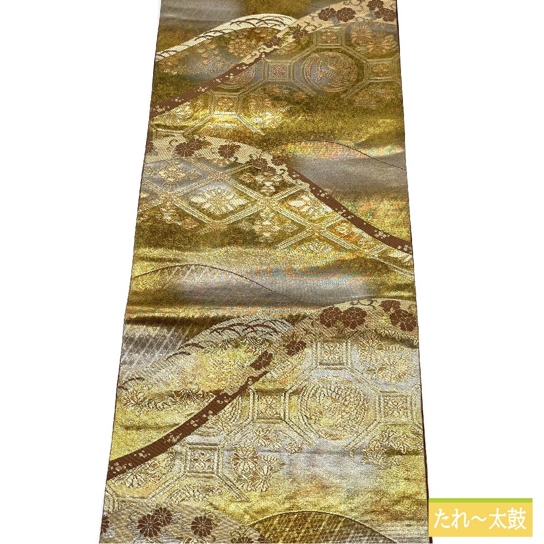 袋帯 正絹 金色(きんいろ) 菱 亀甲 花唐草 帯丈420cm Sランク 六通 フォーマル 金系 1123011792321