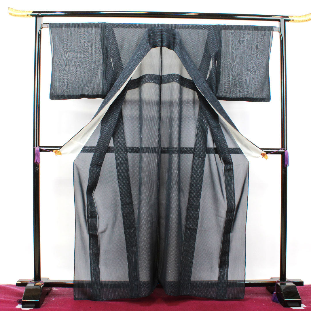夏物 ポリエステル 紬 身丈163.5cm 裄丈67.5cm 縞 洗える着物 紗 Sランク 黒系 1132001512410