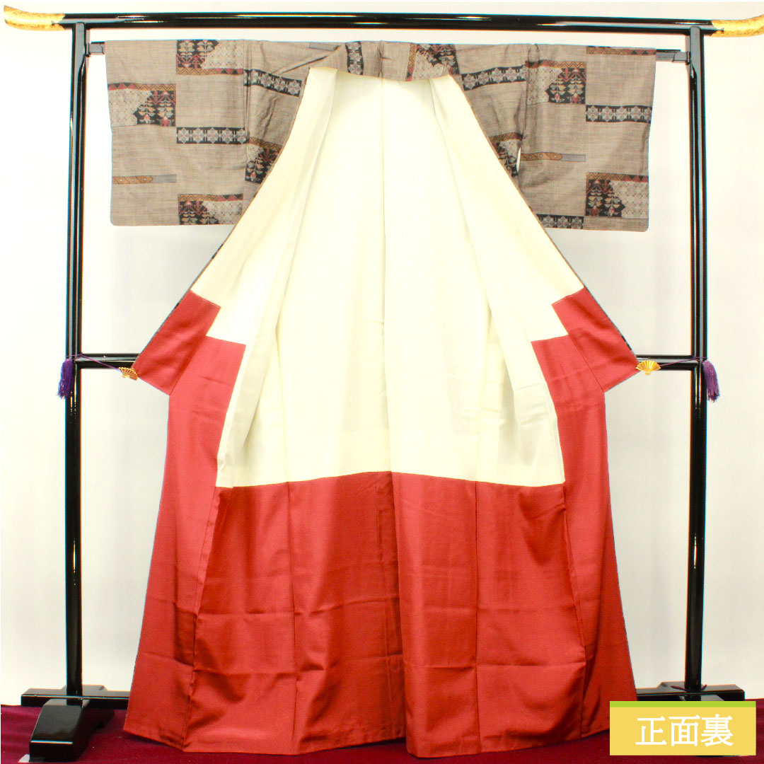 Silk pongee, Length 167.5cm, Sleeve length 66cm, Oshima pongee, 9 marks, Abstract pattern, A rank, Lined, Brown, 1116003373514