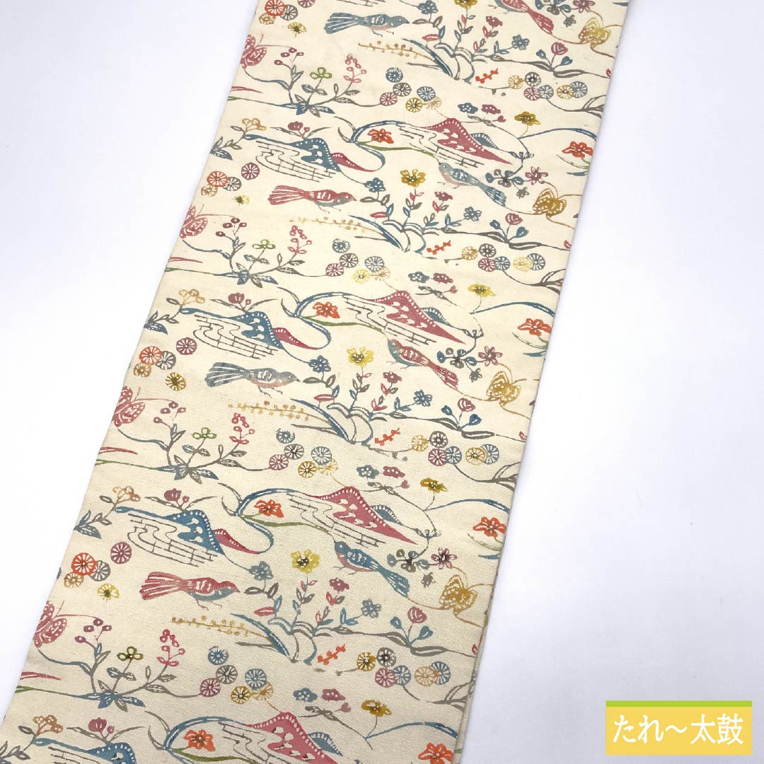 Nagoya Obi, Pure Silk, Grade A, Off-White, Kyoto Bingata Floral Pattern, Toyama, 340cm Long, Full Length, Casual, Cream, Product Number: 1124009233315, Nagoya Style