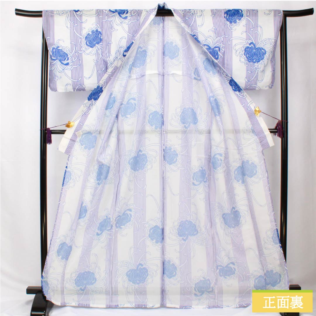 (新品未使用品) 浴衣 ポリエステル 身丈167cm 裄丈65.5cm NEWランク 単衣 白系 白色(しろいろ) 糸菊 経縞 1118005761511