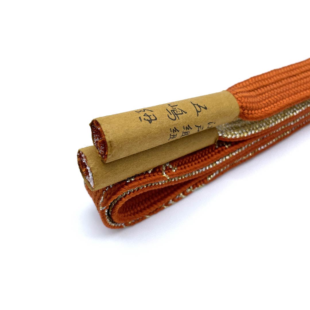 (New old stock) Obi-jime (belt fastener) made of pure silk, quarter-length cord, ochre, Goshima cord, Edo braid cord, metallic thread used, length approx. 159cm, width approx. 1.5cm, semi-formal, rank S, orange, 1135000822926
