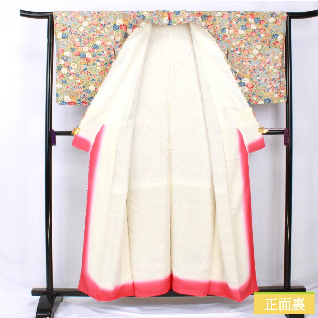 Small pattern, pure silk, length 156.5cm, sleeve length 64cm, lined, Kinuta celadon color, flower basket, rank S, light blue, 1115005792324