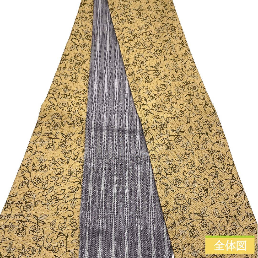 (新品)半幅帯 ポリエステル NEWランク 山吹鼠色(やまぶきねずいろ) 錫色(すずいろ) 花唐草 縞 リバーシブル 帯丈380cm 黄系 1125006201323