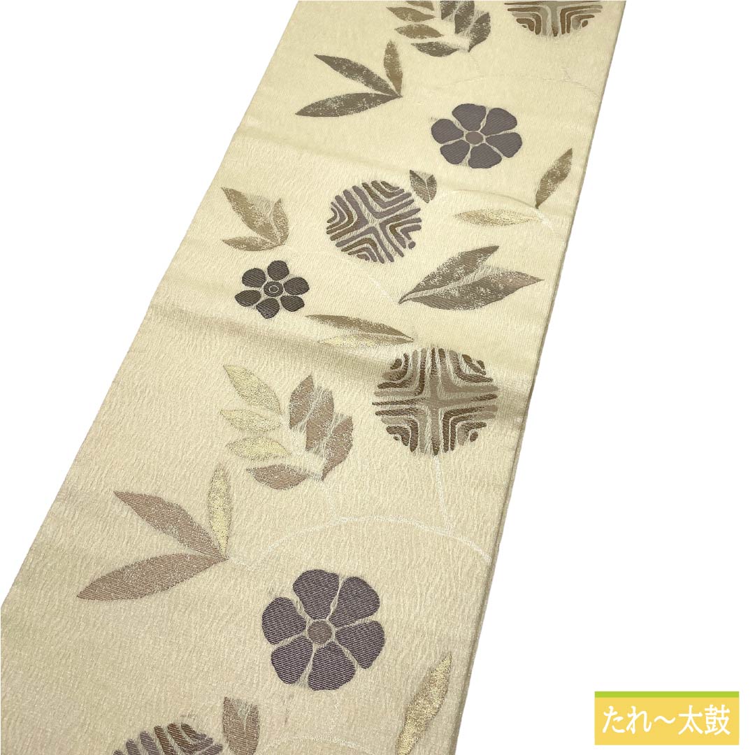 袋帯 正絹 Aランク 鳥の子色(とりのこいろ) 夏帯 笹蔓文 帯丈444cm 六通 セミフォーマル ベージュ系 1123018333325
