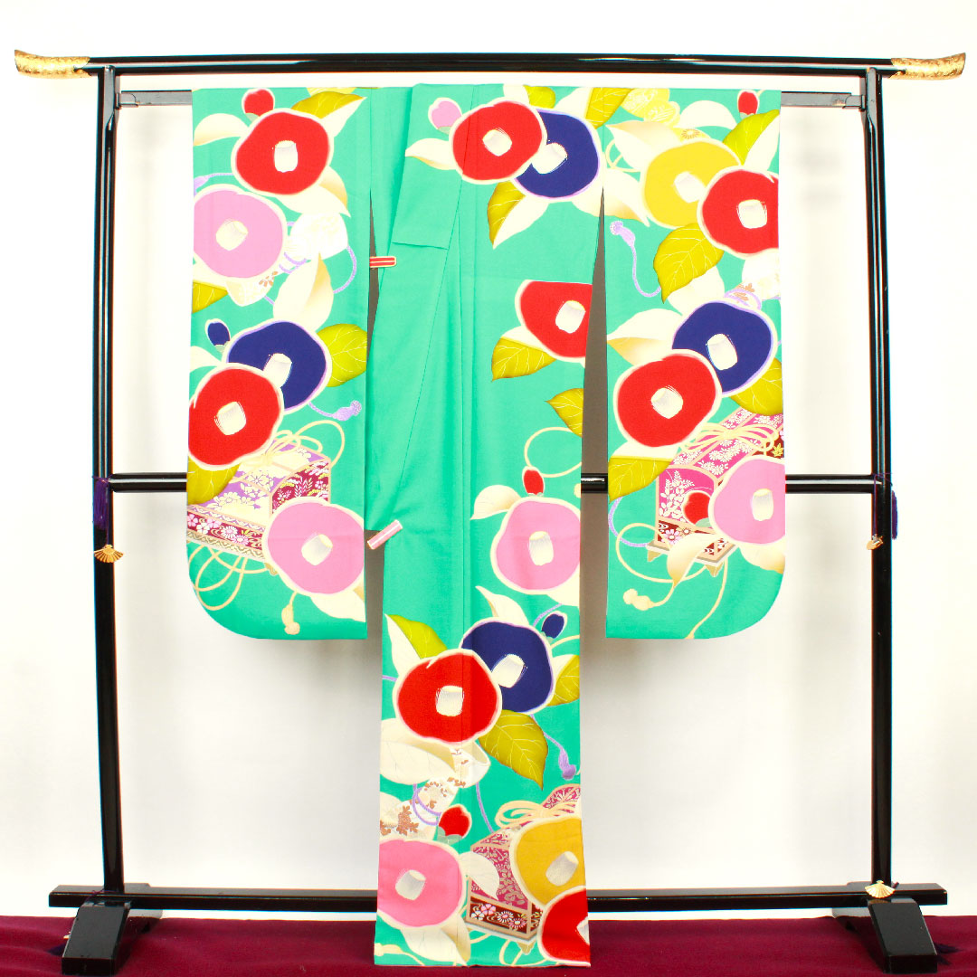 Long-sleeved kimono, length 176cm, sleeve length 70cm, lined, floral greenish blue, washable kimono, camellia, poly, S rank, blue, 1113001402817