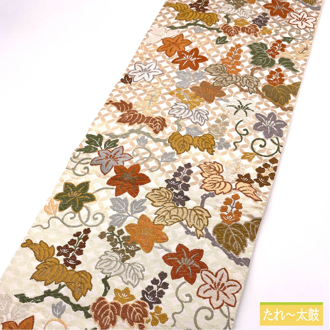 袋帯 正絹 胡粉色(ごふんいろ) 唐織 七宝桐鉄線文 帯丈422cm Aランク 六通 フォーマル 白系 1123014093311