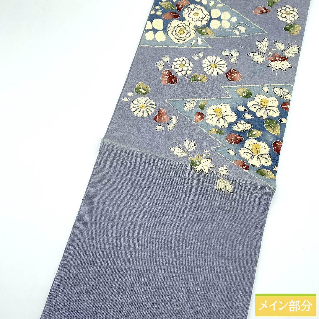 名古屋帯 青袋鼠色(せいたいねずいろ)辻ヶ花 松皮菱 ちりめん地 帯丈364cm 正絹 Aランク ポイント柄 カジュアル 青系 1124006223317 開き仕立て