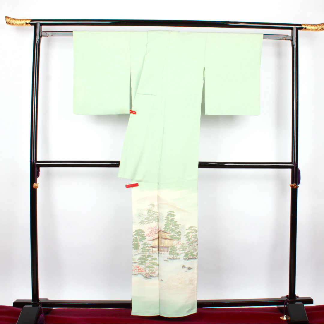 色留袖 身丈161.5cm 裄丈63cm 袷 錆青磁色 寿光織 風景模様 抱き茗荷 正絹 Bランク 三つ紋 緑系 1111000454419