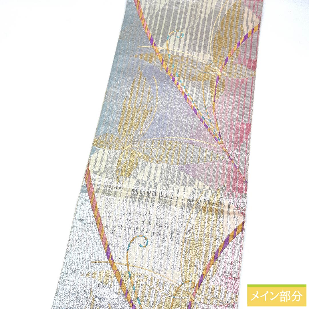 袋帯 銀色 蝶 帯丈428cm 正絹 Sランク 六通 フォーマル 銀系 1123009962322