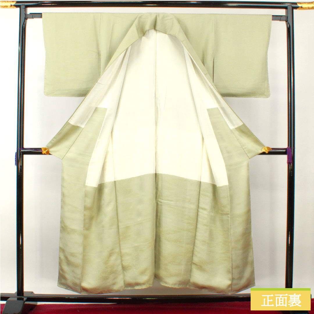 彩色留袖、纯丝、长度152cm、袖长63cm、里料、黄绿色和灰色、寿编织、山水纹、一个纹章、五葫芦和中国花图案圆圈、附缝纫线、未使用、S级、绿色、1111001342219