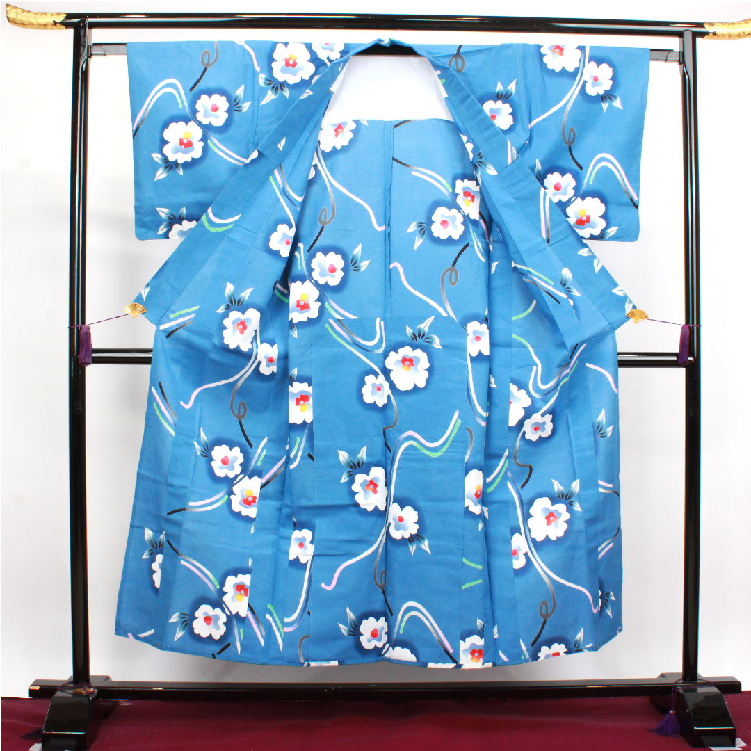 浴衣 空色 草花模様 木綿 Sランク 単衣 身丈152cm 裄丈63cm 青系 1118003342217
