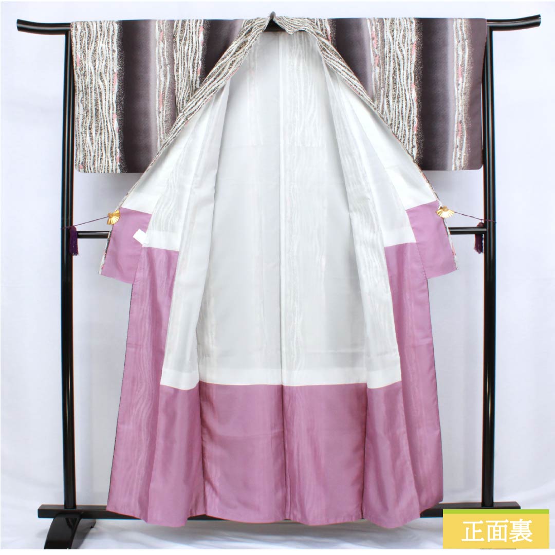 小紋 ポリエステル 身丈158cm 裄丈64.5cm 袷 今鶴羽色(いまつるはいろ) 縦縞 洗える着物 Sランク グレー系 1115006262322