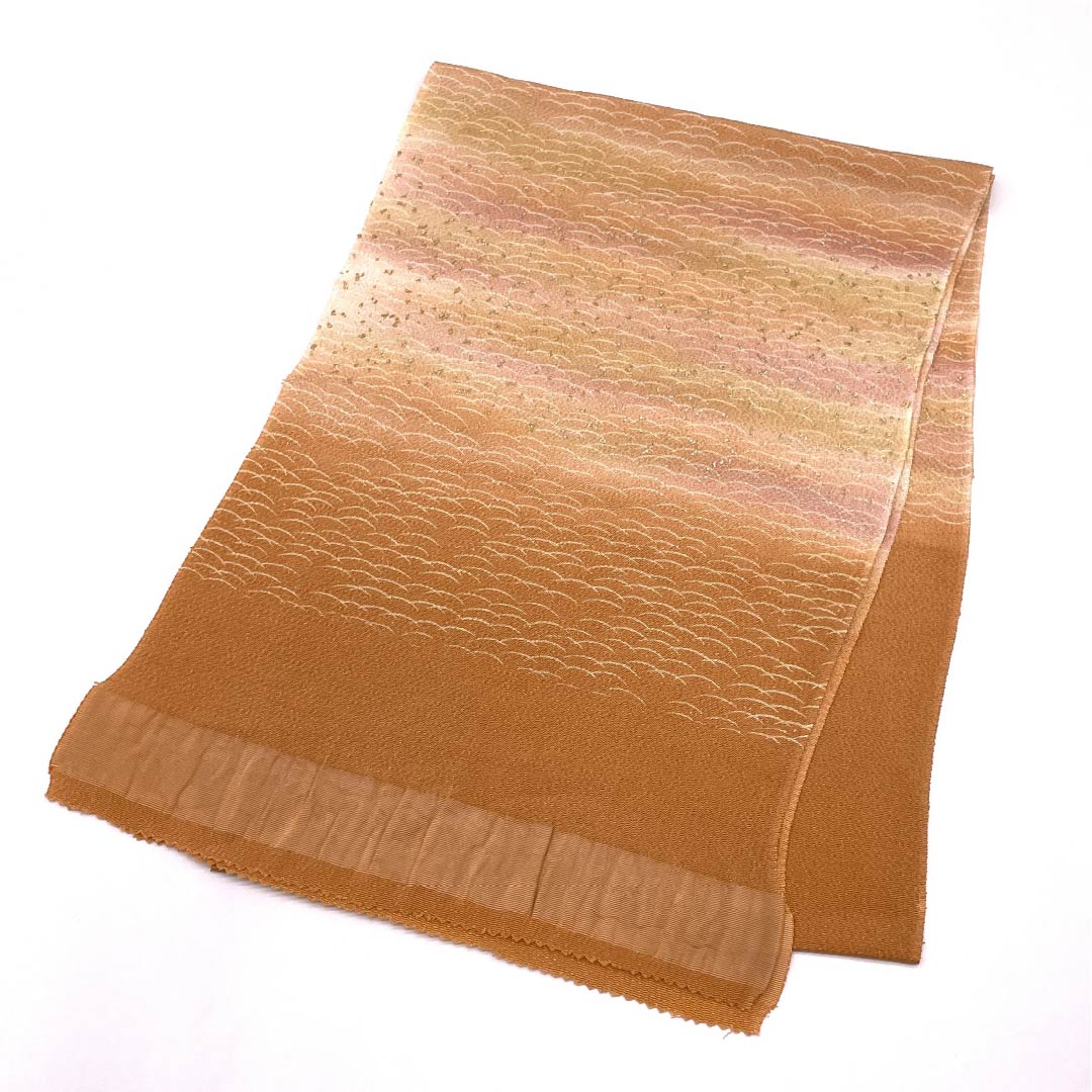 Obiage, pure silk, S rank, semi-formal, akakuchinashi-iro (red gardenia color), chirimen fabric, shaded, wave pattern, length approx. 177cm, width approx. 29.5cm, orange family, 1136002862926