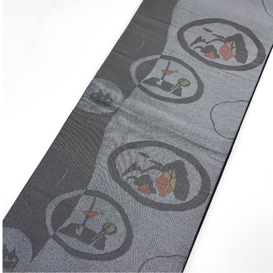 名古屋帯 京袋帯 具墨色 抽象模様 帯丈380cm ポリ Aランク 六通 セミフォーマル グレー系 1124003303322 開き仕立て