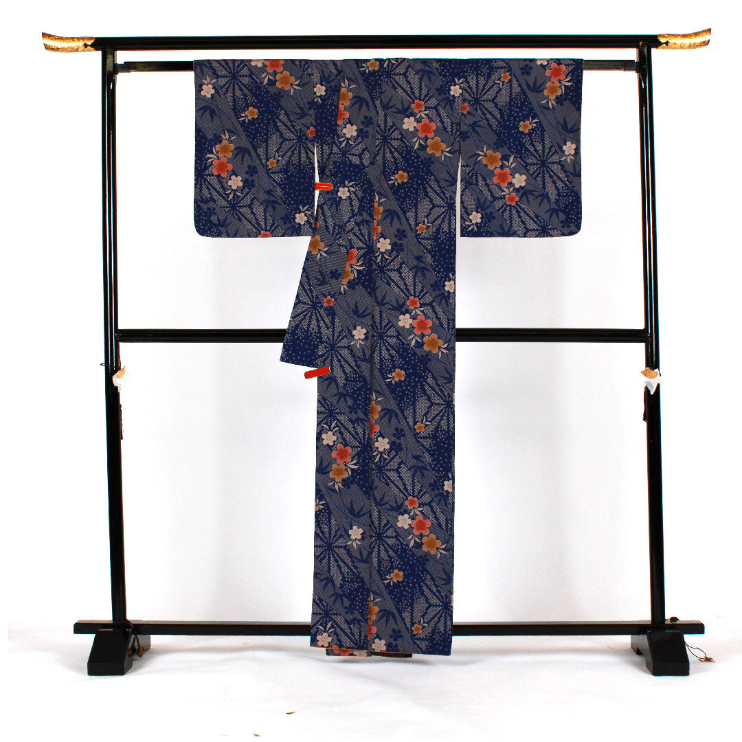 Small pattern, Length 163cm, Sleeve length 64cm, Awase, Cherry blossoms, Bamboo, Washable kimono, Polyester, S rank, Navy, 1115000782318