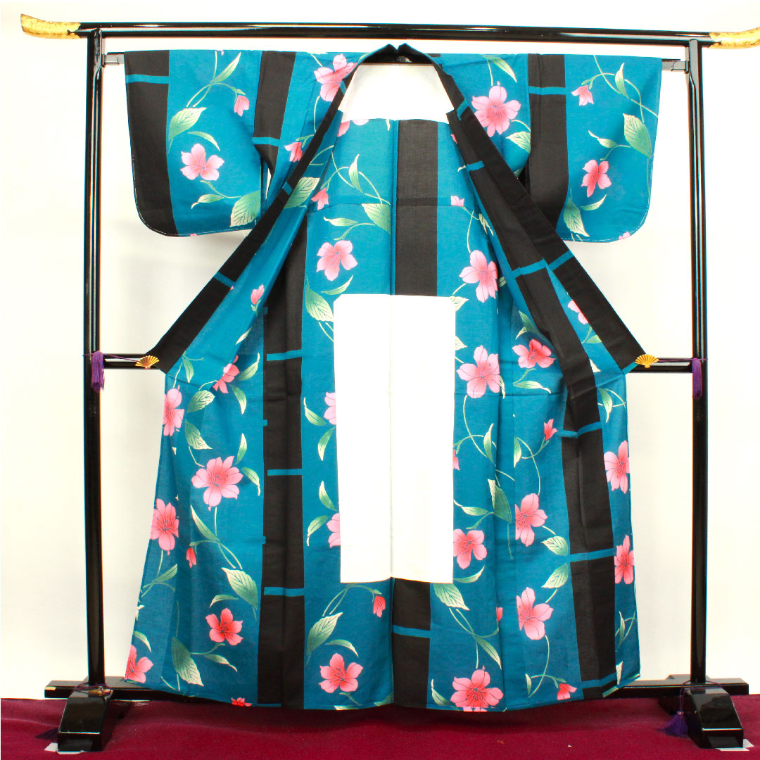 浴衣 納戸色 百合 木綿 Aランク 単衣 身丈162.5cm 裄丈65.5cm 青系 1118003563417