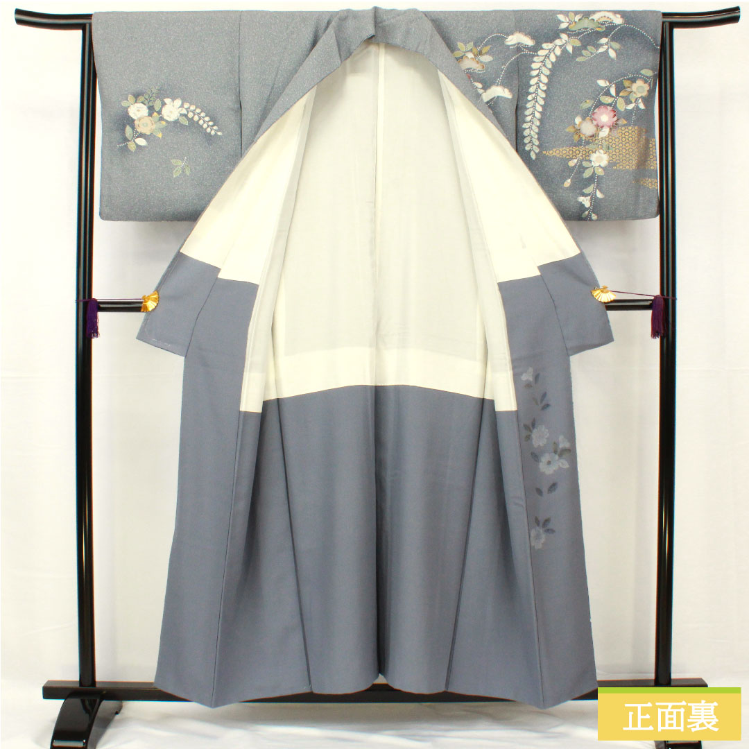 訪問着 正絹 袷 身丈155cm 裄丈63.5cm 青袋鼠色(せいたいねずいろ) 辻ヶ花 タタキ染 一つ紋 花紋 Sランク グレー系 1112005142322